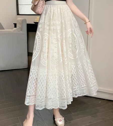 Spring Summer French Fashion Vintage Black White Lace Slim Holiday Long Skirt Women Beige High Waist Elegant Party Pleated Skirt