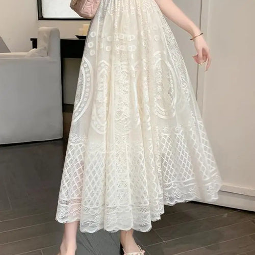 Load image into Gallery viewer, Spring Summer French Fashion Vintage Black White Lace Slim Holiday Long Skirt Women Beige High Waist Elegant Party Pleated Skirt
