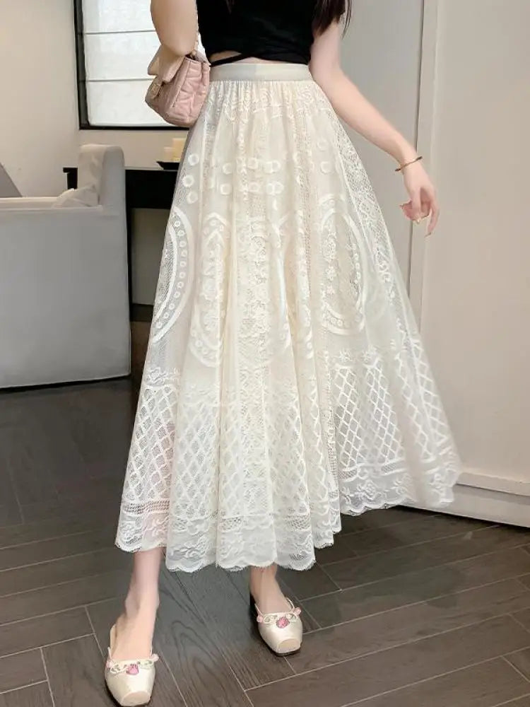 Spring Summer French Fashion Vintage Black White Lace Slim Holiday Long Skirt Women Beige High Waist Elegant Party Pleated Skirt