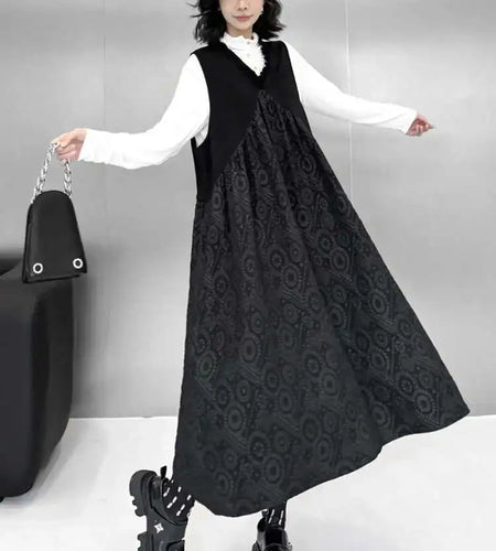 Women Black Pattern Textured Big Size Midi Vest Dress New V-Neck Sleeveless Fashion Tide Spring Autumn 2025 1DH8441