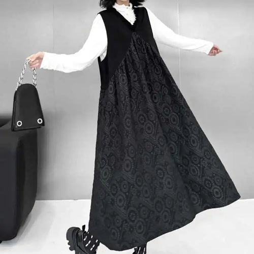 Load image into Gallery viewer, Women Black Pattern Textured Big Size Midi Vest Dress New V-Neck Sleeveless Fashion Tide Spring Autumn 2025 1DH8441
