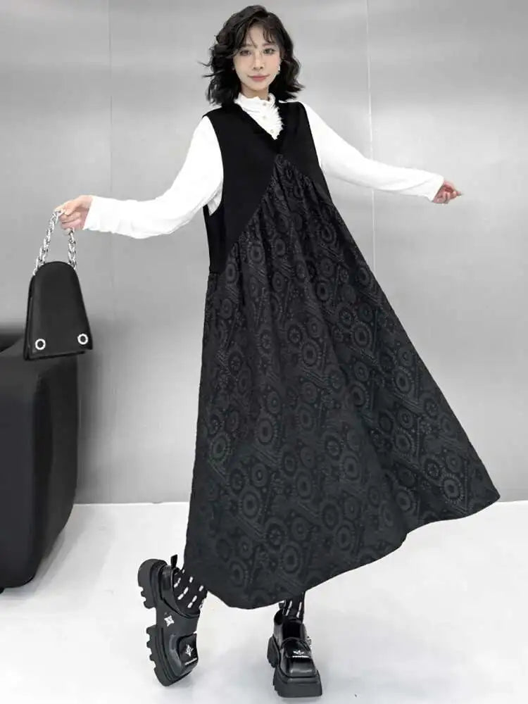 Women Black Pattern Textured Big Size Midi Vest Dress New V-Neck Sleeveless Fashion Tide Spring Autumn 2025 1DH8441