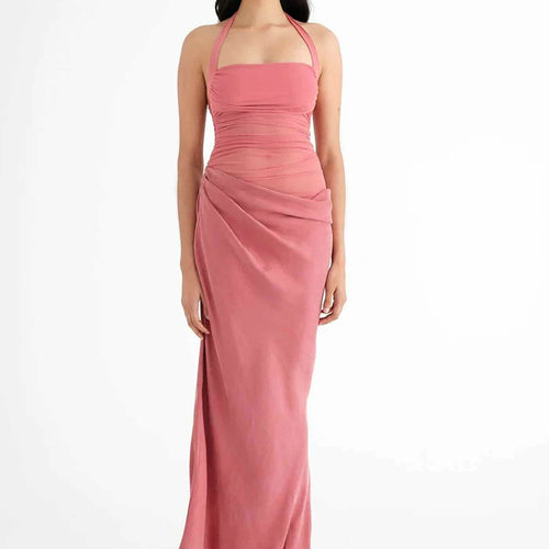 Load image into Gallery viewer, Patchwork Sexy Hollow Out Halter Women Maxi Dress Coffee See Through Evening Dress Spring Slim Elegant Party Clubwear
