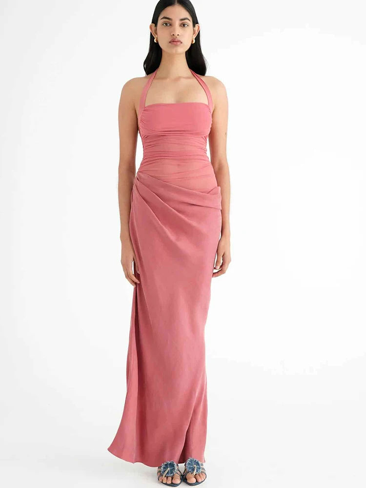 Patchwork Sexy Hollow Out Halter Women Maxi Dress Coffee See Through Evening Dress Spring Slim Elegant Party Clubwear
