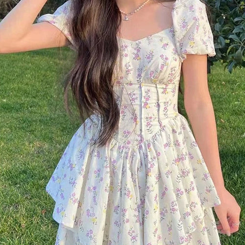 Load image into Gallery viewer, Summer Floral Dress Women Mori Casual Wrap Lavender Flower Print Puff Sleeve Mini Short Dresses Sundress Kawaii Cute
