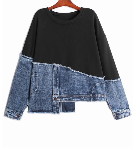 Black Denim Irregular Casual Sweatshirt New Round Neck Long Sleeve Women Big Size Fashion Tide Spring Autumn 2025 1DH5370