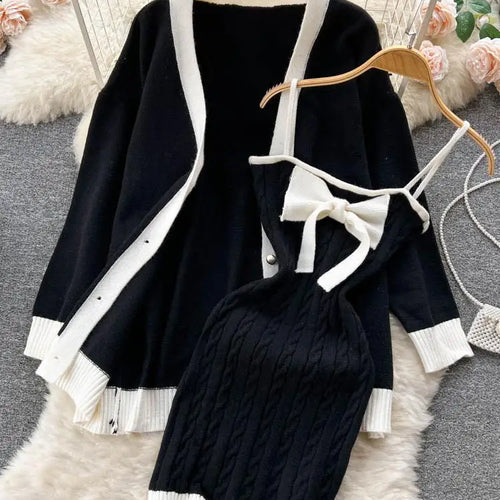Load image into Gallery viewer, Autumn Winter Patchwork Knit Sweater Suit Single Breasted Cardigan Top+ Strap Bow Twist Bodycon Slip Dress Women Warm Sets Trend
