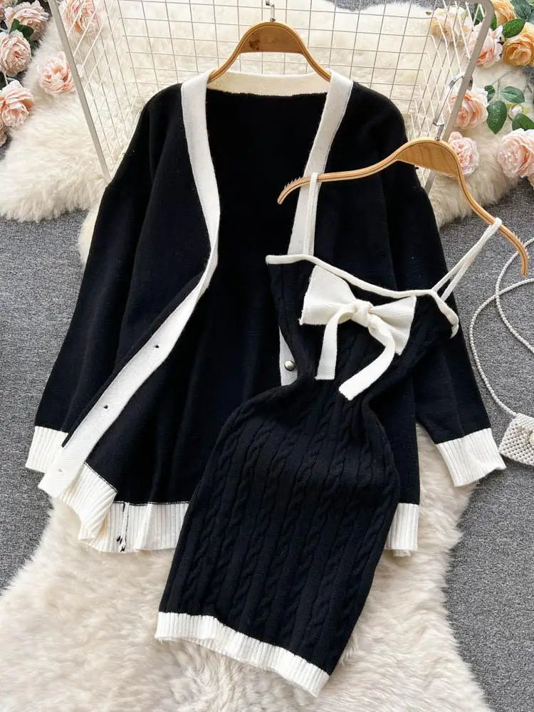 Autumn Winter Patchwork Knit Sweater Suit Single Breasted Cardigan Top+ Strap Bow Twist Bodycon Slip Dress Women Warm Sets Trend