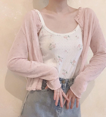 Women Summer Sun Protection Coat Lace Hollow Cardigan Lolita Female Blouse Tops Covers Blusa Y2K Korean All Match 2025