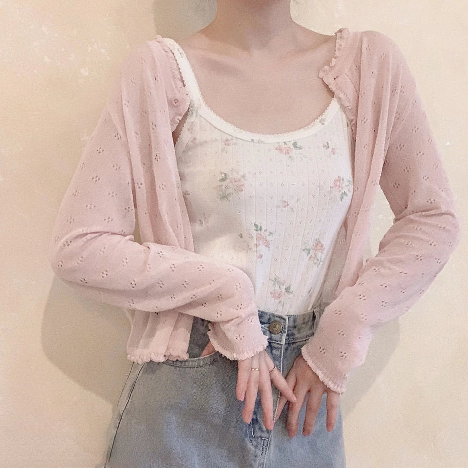 Women Summer Sun Protection Coat Lace Hollow Cardigan Lolita Female Blouse Tops Covers Blusa Y2K Korean All Match 2025