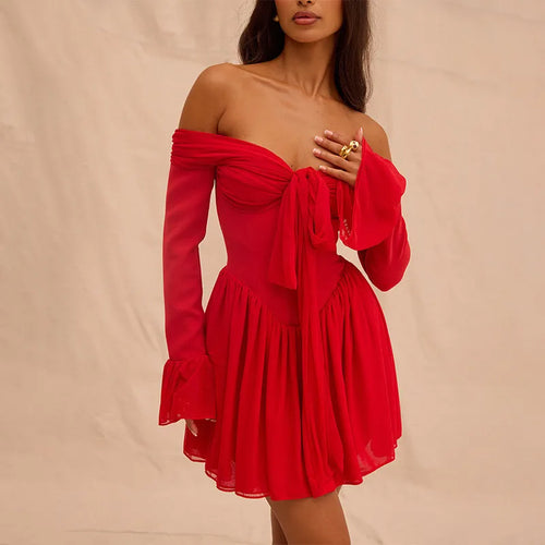 Load image into Gallery viewer, Elegant Strapless Backless Sexy Mini Dress For Women Red Off-shoulder Long Flare Sleeve Pleated Club Party Dress 2024
