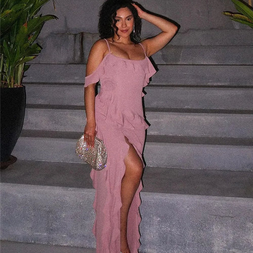 Load image into Gallery viewer, Elegant Ruffle Sexy Maxi Dress Women Spaghetti Strap Flower Sleeveless Backless High Split Club Party Evening Dress
