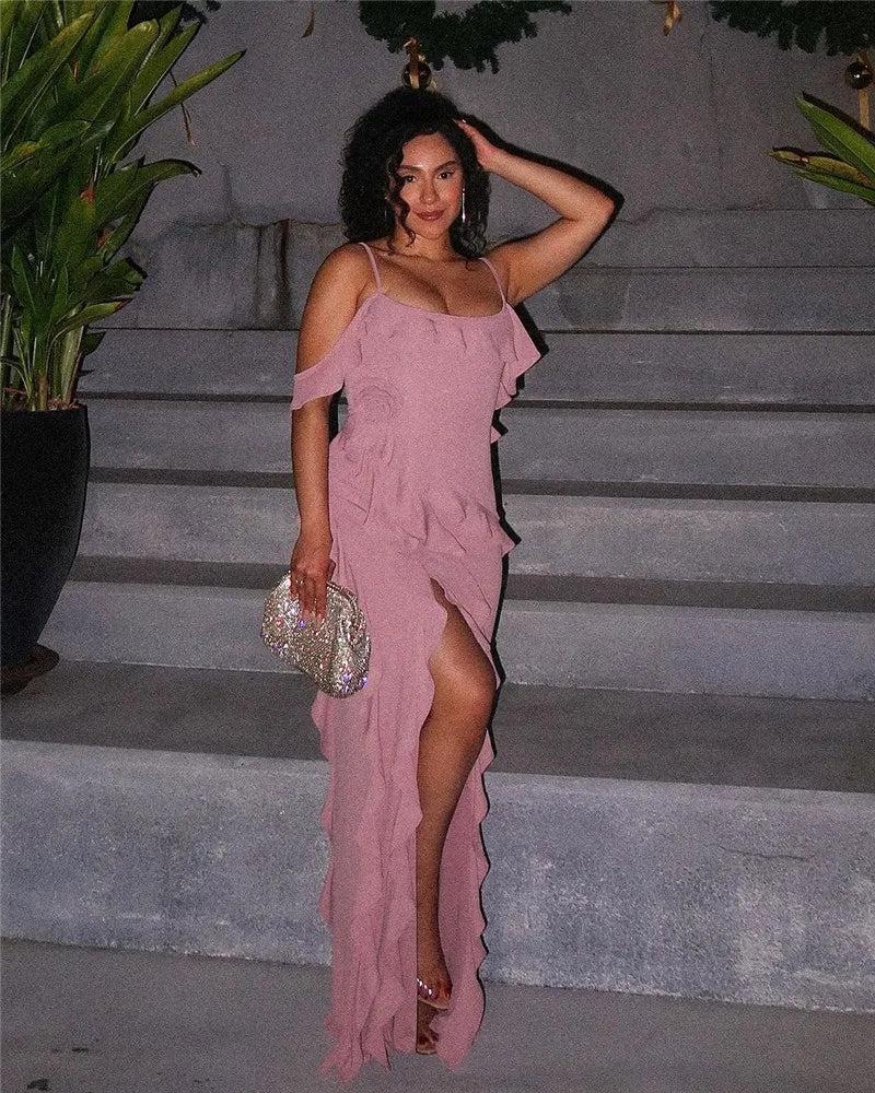 Elegant Ruffle Sexy Maxi Dress Women Spaghetti Strap Flower Sleeveless Backless High Split Club Party Evening Dress