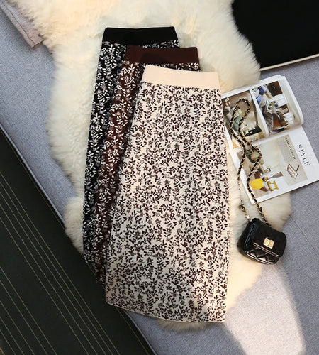 Vintage Elegant High Waist Knitted Midi Skirt Women Winter Spring Autumn Print Skirts Female A-line Ladies Pencil Wrap Skirt