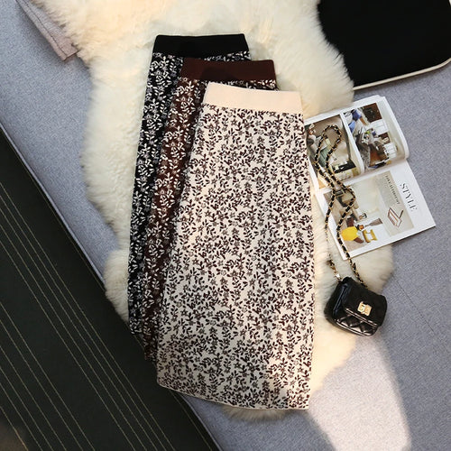 Load image into Gallery viewer, Vintage Elegant High Waist Knitted Midi Skirt Women Winter Spring Autumn Print Skirts Female A-line Ladies Pencil Wrap Skirt
