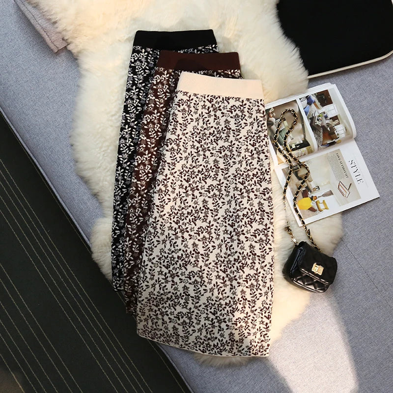 Vintage Elegant High Waist Knitted Midi Skirt Women Winter Spring Autumn Print Skirts Female A-line Ladies Pencil Wrap Skirt