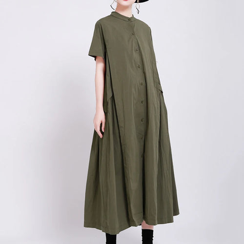 Load image into Gallery viewer, Women Army Green Pleated Elegant Long Shirt Dress New Stand Collar Short Sleeve Fashion Tide Spring Summer 2025 1DE8985
