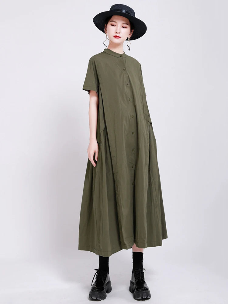 Women Army Green Pleated Elegant Long Shirt Dress New Stand Collar Short Sleeve Fashion Tide Spring Summer 2025 1DE8985