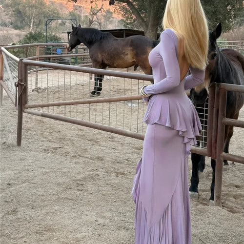 Load image into Gallery viewer, Backless Ruffled Sexy Maxi Dress For Women Gown Fashion O Neck Long Sleeve Thigh High Split Evening Long Dress Elegant
