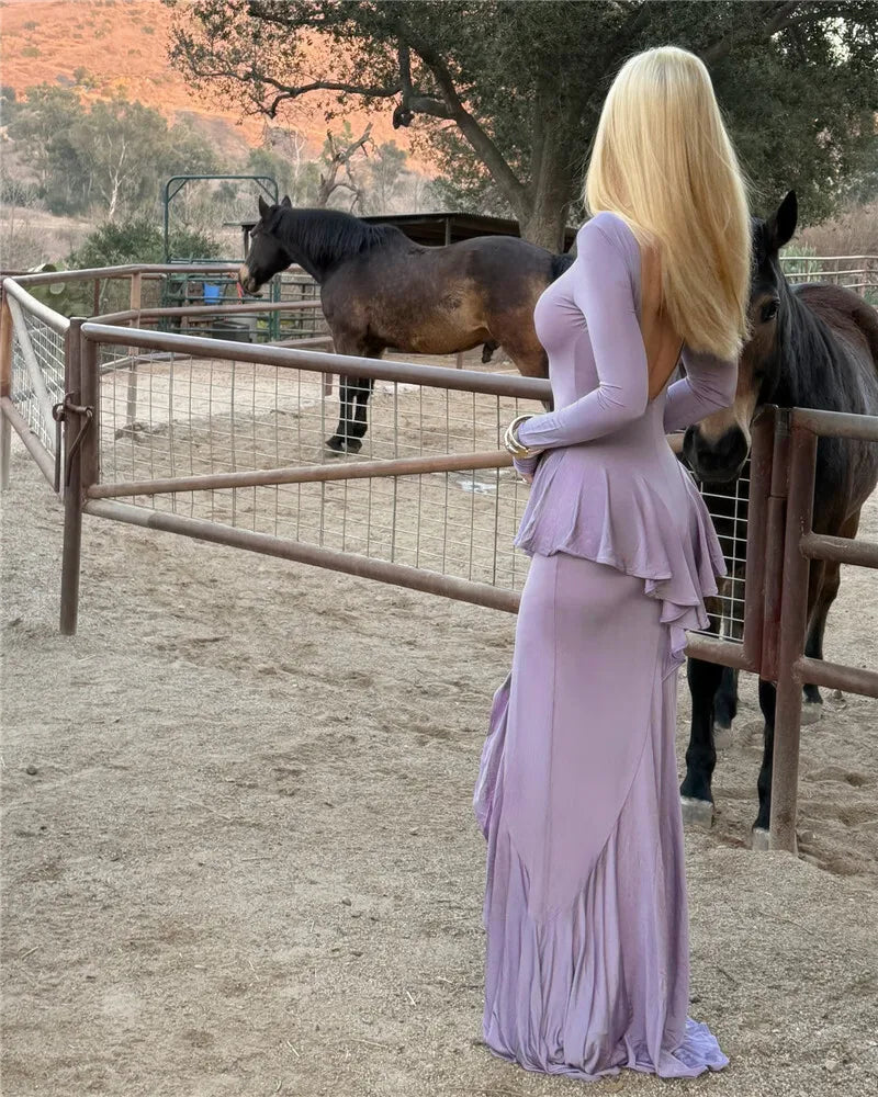 Backless Ruffled Sexy Maxi Dress For Women Gown Fashion O Neck Long Sleeve Thigh High Split Evening Long Dress Elegant