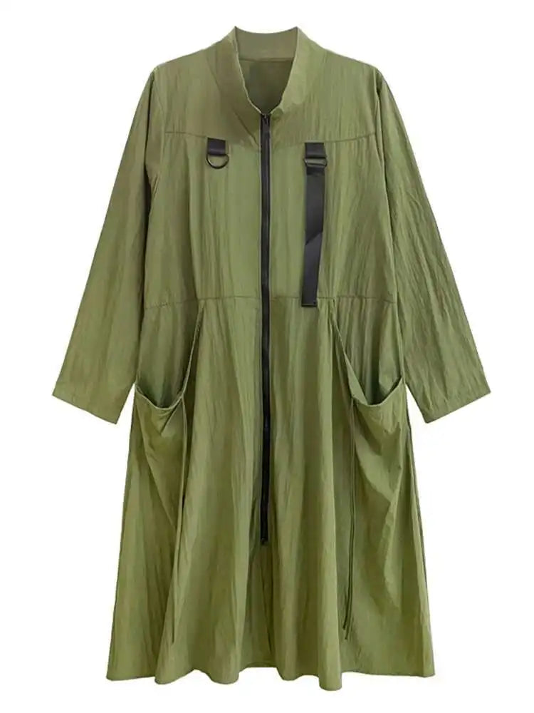Women Army Green Big Size Long Trench New Stand Collar Long Sleeve Fit Windbreaker Fashion Tide Spring Autumn 2025 1DH3440
