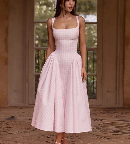 Plaid Printed Maxi Dress For Women Gown Summer New Spaghetti Strap High Waist A-line Backless Club Long Dress Vestido