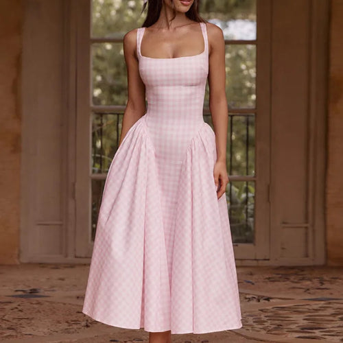 Load image into Gallery viewer, Plaid Printed Maxi Dress For Women Gown Summer New Spaghetti Strap High Waist A-line Backless Club Long Dress Vestido
