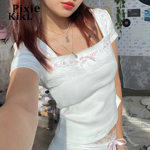 Load image into Gallery viewer, Y2k Tops Kawaii Girls Bow Lace Trim Square Neck Short Sleeve Crop T Shirt Women Summer White Ribbed Tees P84-BF10
