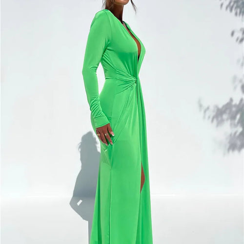 Load image into Gallery viewer, Deep V Neck Long Sleeve Split Maxi Dress Women Elegant Clubwear 2023 Autumn New Bodycon Ruched Sexy Long Dress
