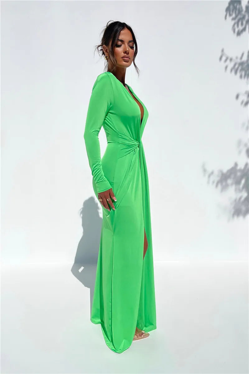 Deep V Neck Long Sleeve Split Maxi Dress Women Elegant Clubwear 2023 Autumn New Bodycon Ruched Sexy Long Dress
