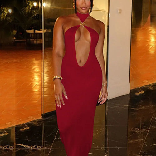 Load image into Gallery viewer, Halter Hollow Out Sexy Maxi Dress For Women Gown Fashion Off-shoulder Sleeveless Backless Bodycon Beach Club Dress
