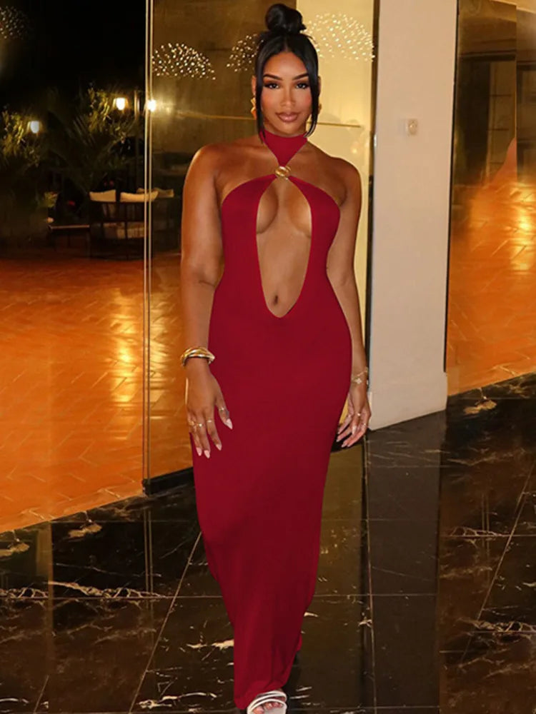 Halter Hollow Out Sexy Maxi Dress For Women Gown Fashion Off-shoulder Sleeveless Backless Bodycon Beach Club Dress