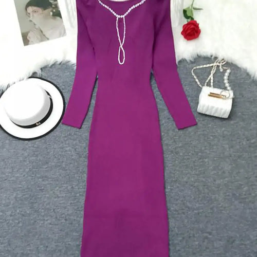 Load image into Gallery viewer, Autumn Winter Women's Solid Diamond Temperament Long Sleeved Dress French Square Neck Office Lady Knitwear Dress 2024 Simplicity
