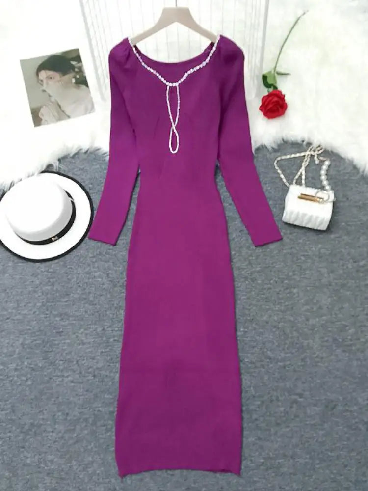 Autumn Winter Women's Solid Diamond Temperament Long Sleeved Dress French Square Neck Office Lady Knitwear Dress 2024 Simplicity