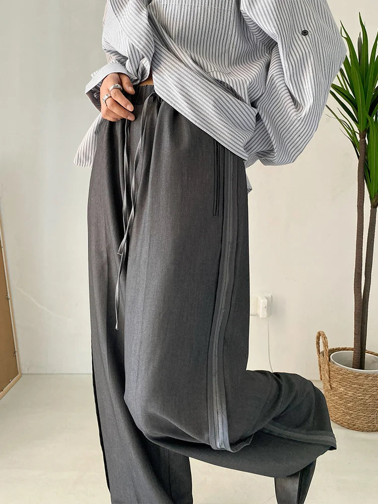 High Elastic Waist Gray Brief Long Wide Leg Pants New Loose Fit Trousers Women Fashion Tide Spring Autumn 2025 1DF1148