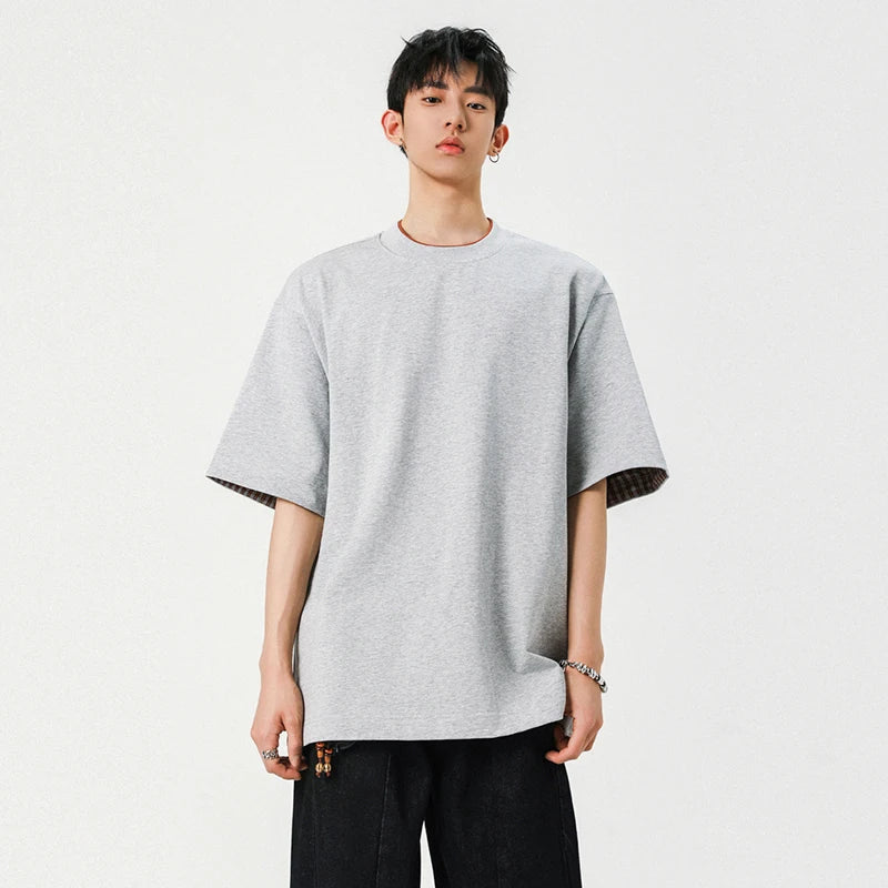 Men's T-shirts New Fashion Solid Color Plaid Flip Design Short Sleeve Round Neck Pullover Male Casual Clothing 9W1940