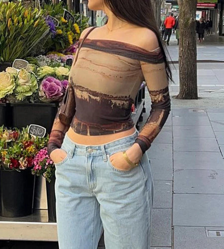 Grunge Slash Neck Tie Dye Sexy Women Tshirts Y2K Aesthetic Vintage Party Crop Top Off Shoulder Mesh Tee Outfits Chic