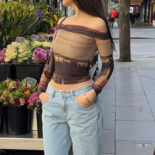 Load image into Gallery viewer, Grunge Slash Neck Tie Dye Sexy Women Tshirts Y2K Aesthetic Vintage Party Crop Top Off Shoulder Mesh Tee Outfits Chic
