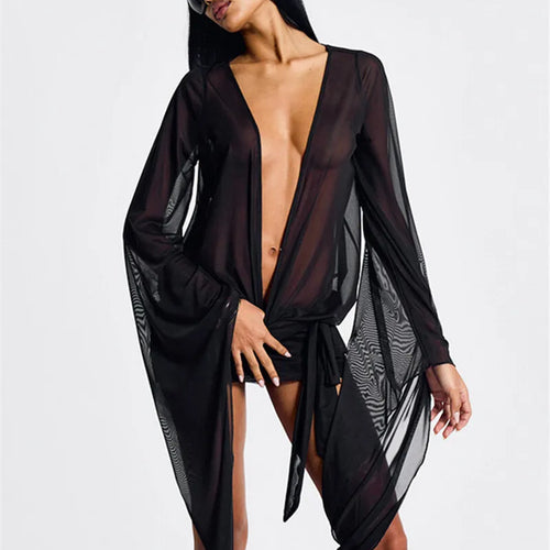 Load image into Gallery viewer, Mesh See Through Sexy Mini Dress For Women Black Sheer Mesh Deep V Neck Long Sleeve Backless Draped Ruched Dress
