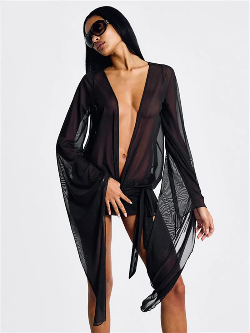 Mesh See Through Sexy Mini Dress For Women Black Sheer Mesh Deep V Neck Long Sleeve Backless Draped Ruched Dress