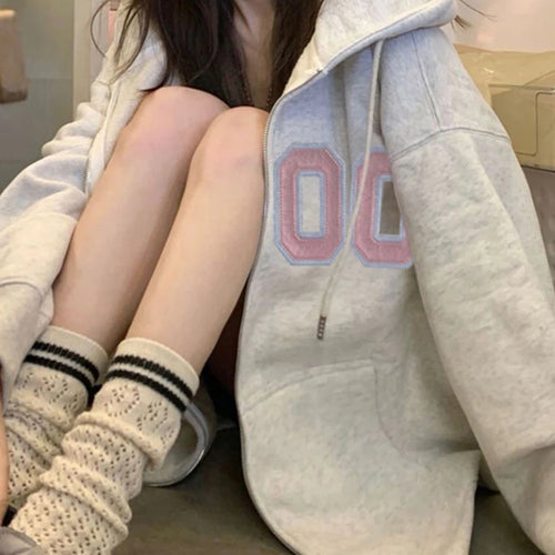 Load image into Gallery viewer, Grey Zip-up Loose Hooded Female Sweatshirts Autumn Streetwear American Vintage Casual O-neck Women&#39;s Hoodies Office Lady
