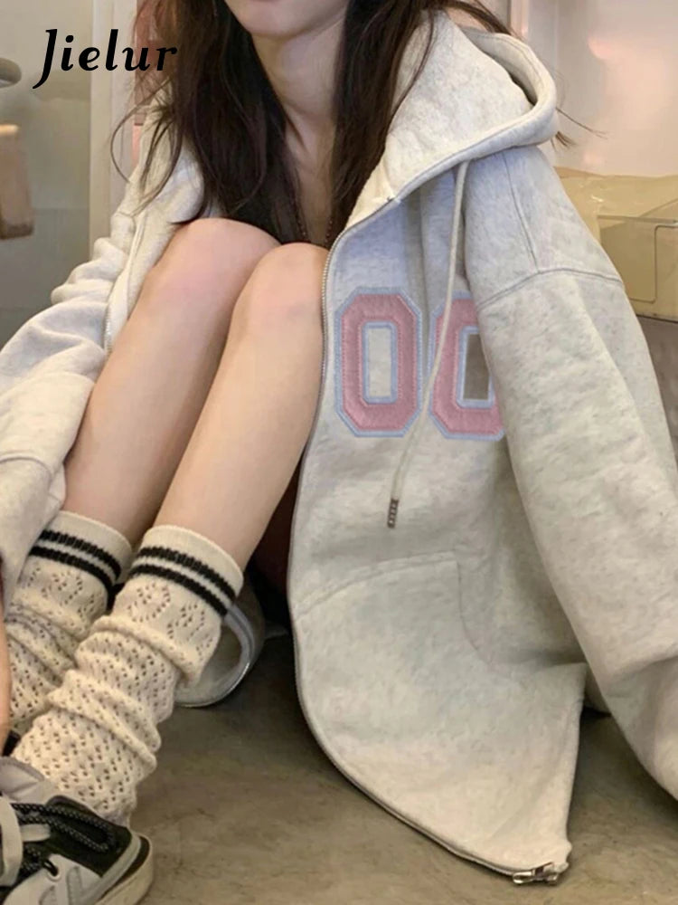 Grey Zip-up Loose Hooded Female Sweatshirts Autumn Streetwear American Vintage Casual O-neck Women's Hoodies Office Lady