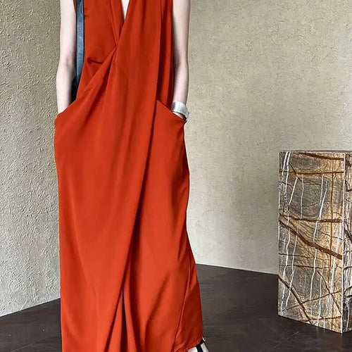 Load image into Gallery viewer, Women Orange Pocket Knot Elegant  Long Big Size Dress New V-Neck Sleeveless Fashion Tide Spring Summer 2025 1DH6380
