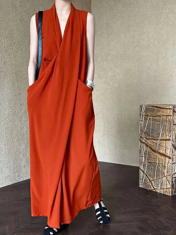 Women Orange Pocket Knot Elegant  Long Big Size Dress New V-Neck Sleeveless Fashion Tide Spring Summer 2025 1DH6380