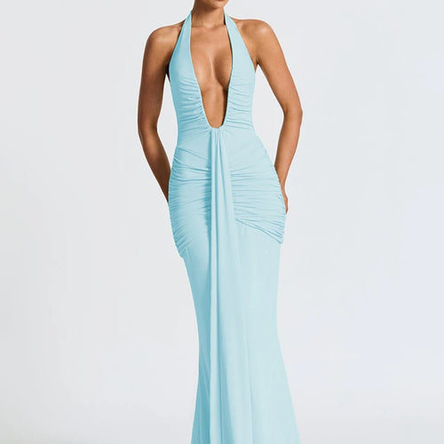 Load image into Gallery viewer, Deep V Neck Backless Ruched Sexy Maxi Dress Women Gown Summer Halter Sleeveless Draped Club Party Long Dress 2025
