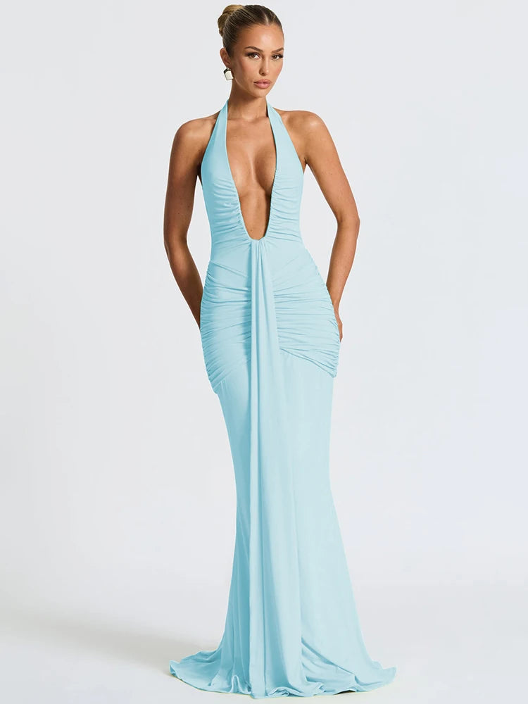Deep V Neck Backless Ruched Sexy Maxi Dress Women Gown Summer Halter Sleeveless Draped Club Party Long Dress 2025