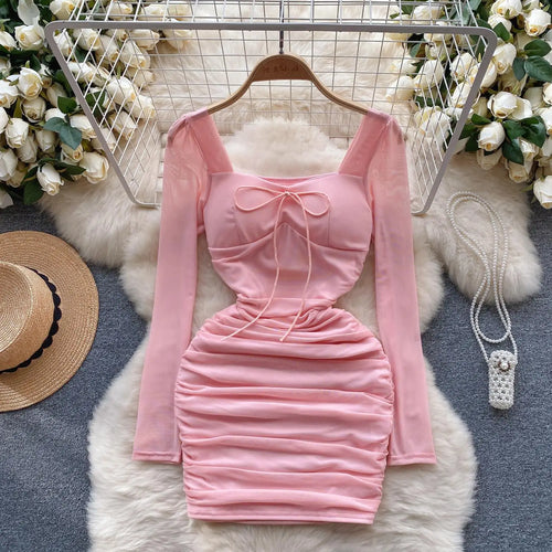 Load image into Gallery viewer, Autumn Women Fashion Black Pink Elegant Sexy Temperament Mesh Short Dress French Purple Square Collar Lace-up Pleated Mini Dress
