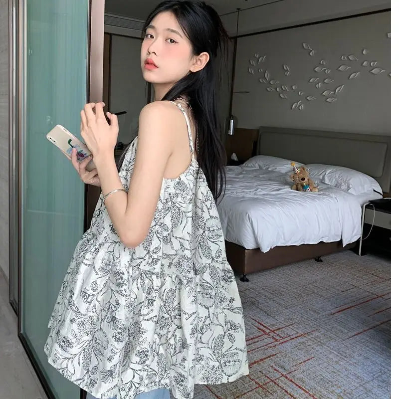Ropa Mujer Sleeveless Cute Tank Loose Fashion Floral Vest Korean Summer Camis Backless A-line Y2k Tops Women's Clothing