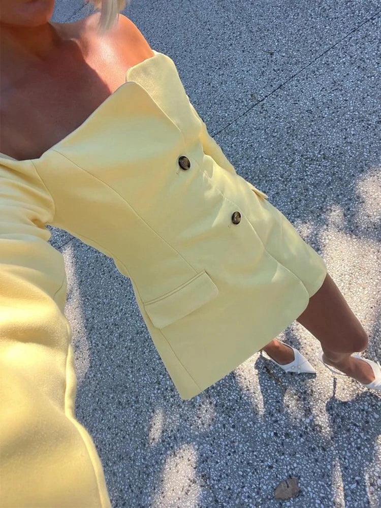 Off-shoulder Strapless Sexy Blazer Dress For Women Fashion Solid Zipper Two Pocket Long Sleeve Backless Mini Dress