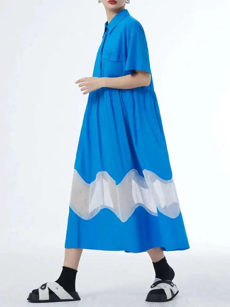 Women Blue Perspective Big Size Shirt Dress New Lapel Short Sleeve Loose Fit Fashion Tide Spring Summer 2025 1DF8791